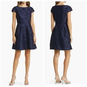Eliza J Metallic Floral Jacquard Fit & Flare Dress Navy Blue NEW